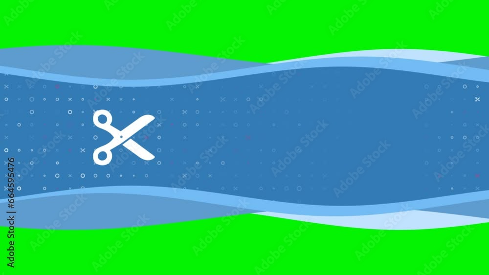 Poster animation of blue banner waves movement with white scissors symbol on the left. on the background th