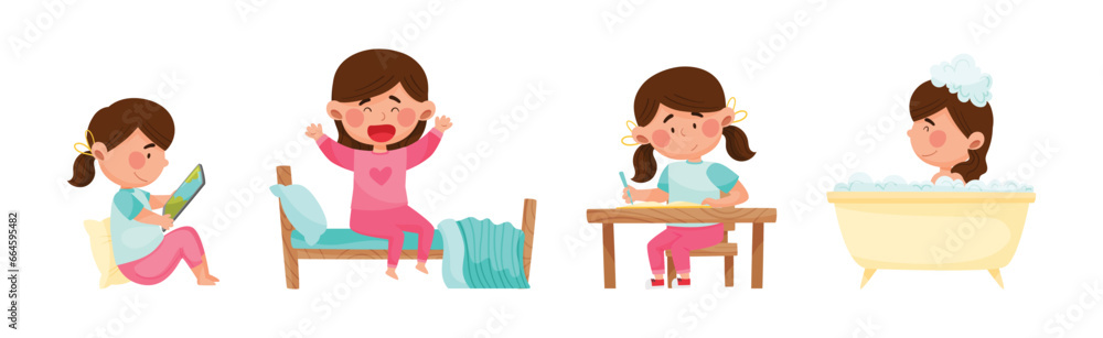 Poster cute girl character engaged in daily routine and different activity vector set