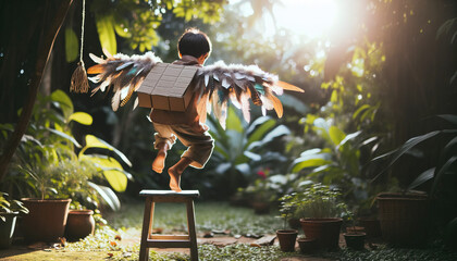 Imaginative and adventurous child in a sunny garden, wearing makeshift wings made of cardboard and...