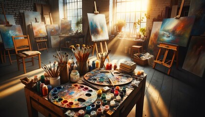 This is a view of an artist's studio, illuminated by natural light, displaying paints, brushes, and unfinished works of art.