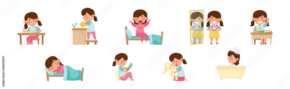 Poster cute girl character engaged in daily routine and different activity vector set
