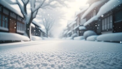 A quiet street covered with snow, with soft snowflakes gently descending.
