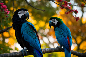 A group of exotic macaws perched on branches, their vividly colored plumage shining in the sunlight like a rainbow. Wildlife concept of ecological environment