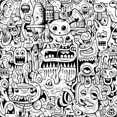 Black and white monsters doodle art