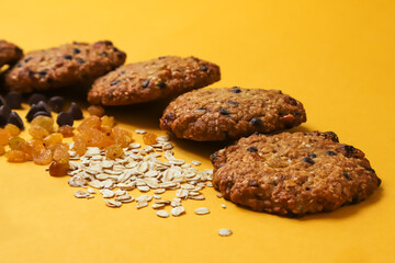 Oatmeal cookies with chocolate filling and raisins. Close-up	