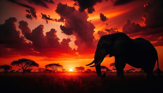 The silhouette of an elephant standing tall against the African sunset.