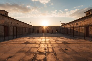 Inner courtyard of a prison with a sky with clouds and evening light - obrazy, fototapety, plakaty
