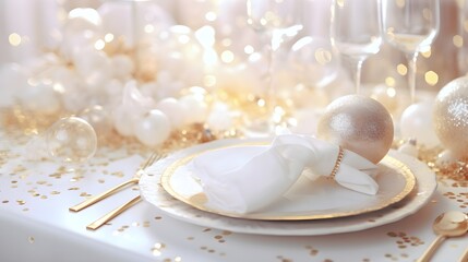 Table with glittering balls festive decorations, party creative image.