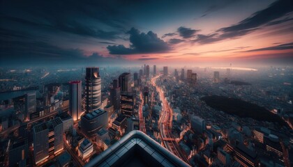 Rooftop view of a busy city at dusk. - obrazy, fototapety, plakaty