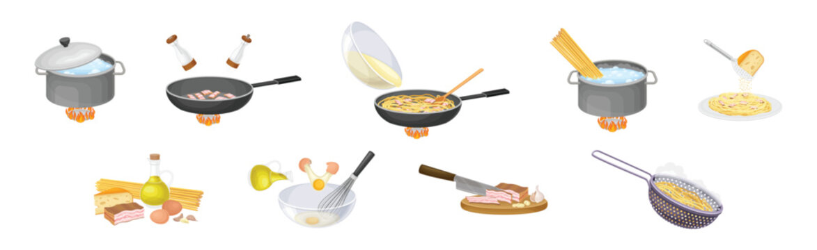 Pasta Cooking Process with Frying, Mixing in Bowl and Colander Vector Set