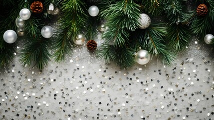 Christmas balls and green color fir tree decorations. Festive background.