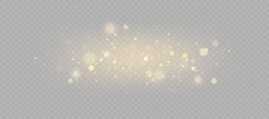 Gold dust light bokeh. Christmas glowing bokeh and glitter overlay texture for your design on a transparent background. .	