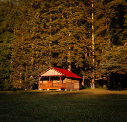 A house of dreams, where nature and sunsets unite, timbered dreams in the golden hour
