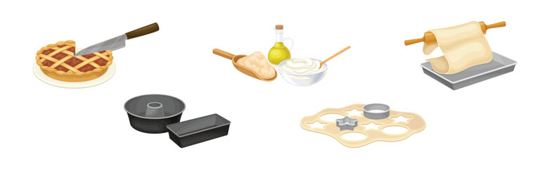 Sweet Pastry Baking Process with Utensils Vector Set
