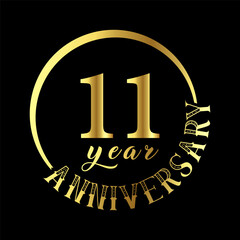 11 year anniversary celebration. Anniversary logo with golden color vector illustration.