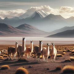 Group of White and Reddish Brown Cute Adorable South American Fluffy Furry Llamas Alpacas Animals Grace the Vast Bolivian Arid Sand Desert Terrain Landscape with Clouds and Mountains in the Background - obrazy, fototapety, plakaty