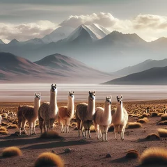 Fotobehang Group of White and Reddish Brown Cute Adorable South American Fluffy Furry Llamas Alpacas Animals Grace the Vast Bolivian Arid Sand Desert Terrain Landscape with Clouds and Mountains in the Background © Frank