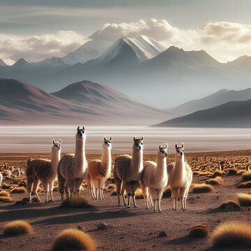 Group of White and Reddish Brown Cute Adorable South American Fluffy Furry Llamas Alpacas Animals Grace the Vast Bolivian Arid Sand Desert Terrain Landscape with Clouds and Mountains in the Background