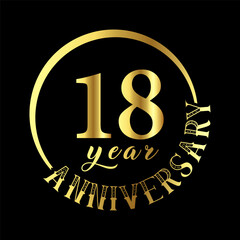 18 year anniversary celebration. Anniversary logo with golden color vector illustration.