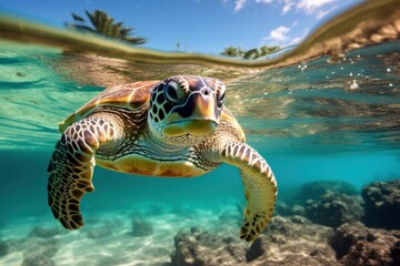 Fototapeta premium Green turtle at the seawater.