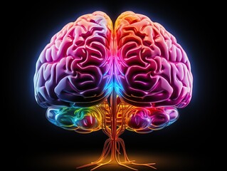Neon brain on a black background, Bright color, Generative AI