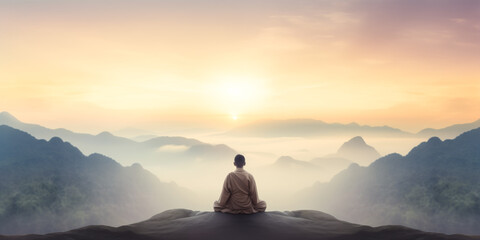 Buddhist monk meditating on the top of mountain at sunset