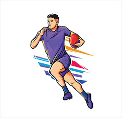 Rugby player running with ball action motion dynamic colorful illustration