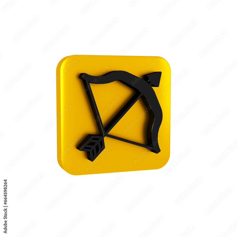 Poster black medieval bow and arrow icon isolated on transparent background. medieval weapon. yellow square