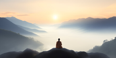 Buddhist monk meditating on the top of mountain at sunset - Powered by Adobe
