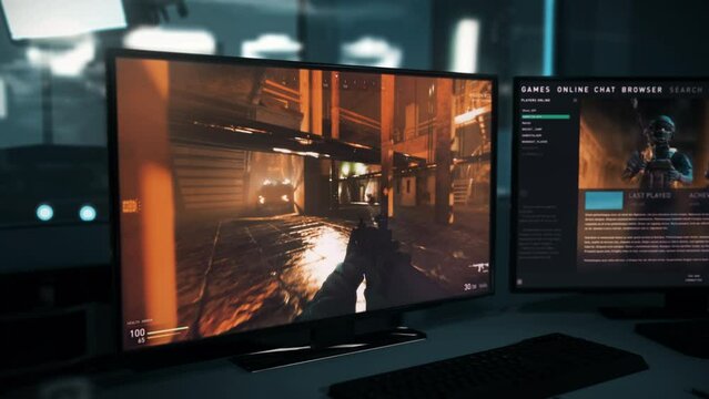 Failing to kill the npc enemies in the military shooter computer game mission. Failing the military shooter simulator challenge. Failing to complete a difficult level of military shooter. Gaming.