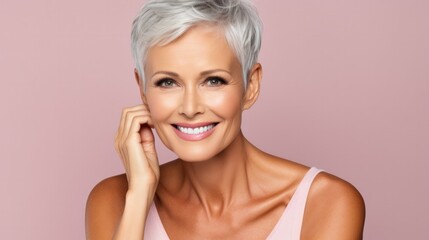 A seasoned mature Caucasian woman, isolated on a rose pink background