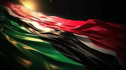 Fotobehang Palestine flag wave in silk cloth wide view with light reflection © SaroStock