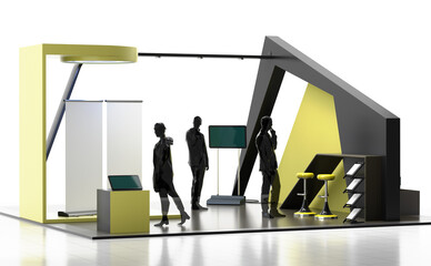 Exhibition Booth Mock-up, Retail Trade Stand With Vertical Roll-Up, Counter For Helping Service, 3D render	