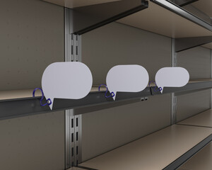 Shelf Stoppers, White Wobbler Attached To Empty Shelf, Price Tag or Promo Banner, Mock-up. 3D rendering