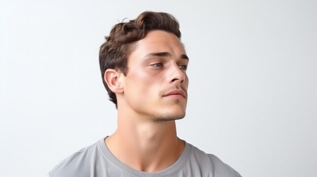 A serious young man, isolated on a white background, portraying moments of contemplation, showcasing a solemn demeanor.