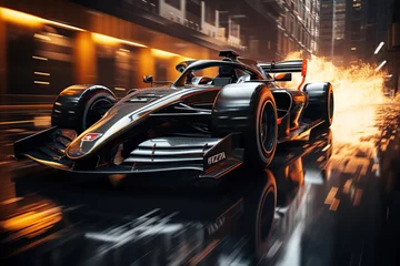 Poster black racing car is moving fast on formula One track © alexkoral