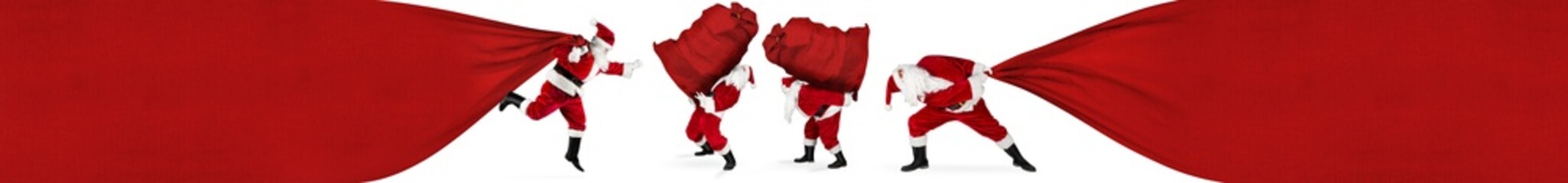 Set collection of Santa claus in hopeless fight to pull huge big red gift bag with copy space...