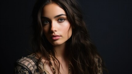 Fototapeta premium A young caucasian woman, isolated on a black background, dressed in a bohemian style, with a dreamy gaze, lost in a world of fantastical imagination.