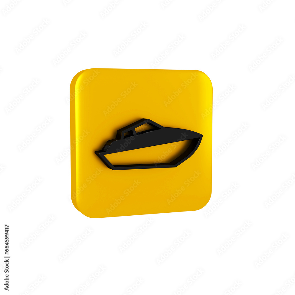 Sticker Black Speedboat icon isolated on transparent background. Yellow square button.