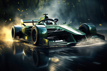 green racing car is moving fast on formula one track - obrazy, fototapety, plakaty