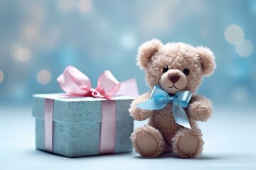 Cute teddy bear holding blue gift with pink ribbon, baby-themed congratulatory card including newborn message and gender reveal. Generative AI