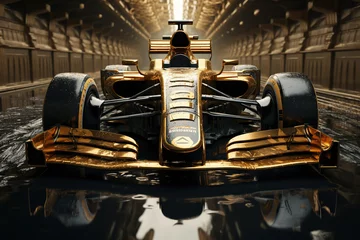 Zelfklevend Fotobehang gold racing car is moving fast on formula one track © alexkoral