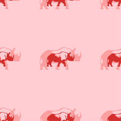 Seamless pattern of large isolated red rhinoceros symbols. The elements are evenly spaced. Vector illustration on light red background