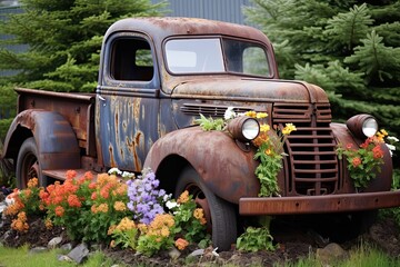 old rusty car with flowers.  - obrazy, fototapety, plakaty