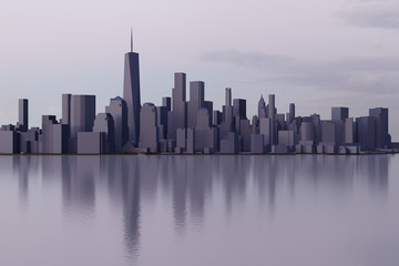 Fototapeta na wymiar View of the downtown New York NY lower Manhattan area during sunset or sunrise. Low poly illustration of dark buildings with water reflection. Concept of blackout, architecture, tourism or art. 