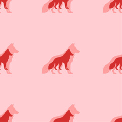 Seamless pattern of large isolated red wolf symbols. The elements are evenly spaced. Vector illustration on light red background