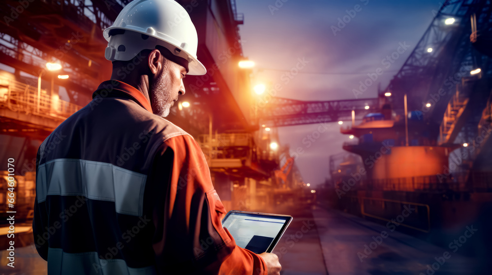 Poster man in hardhat is looking at tablet computer in factory.