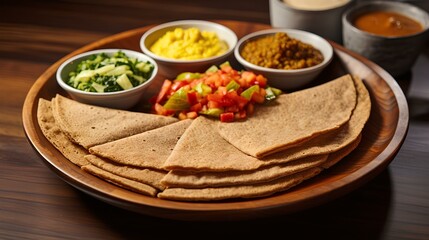 a beautifully plate serving of injera, the soft and spongy Ethiopian bread. vegetable stews and lentil dishes. generative AI
