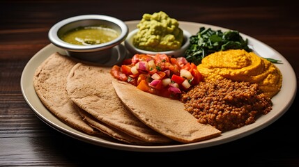 a beautifully plate serving of injera, the soft and spongy Ethiopian bread. vegetable stews and lentil dishes. generative AI