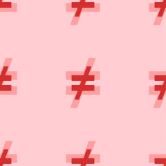 Seamless pattern of large isolated red not equal symbols. The elements are evenly spaced. Vector illustration on light red background
